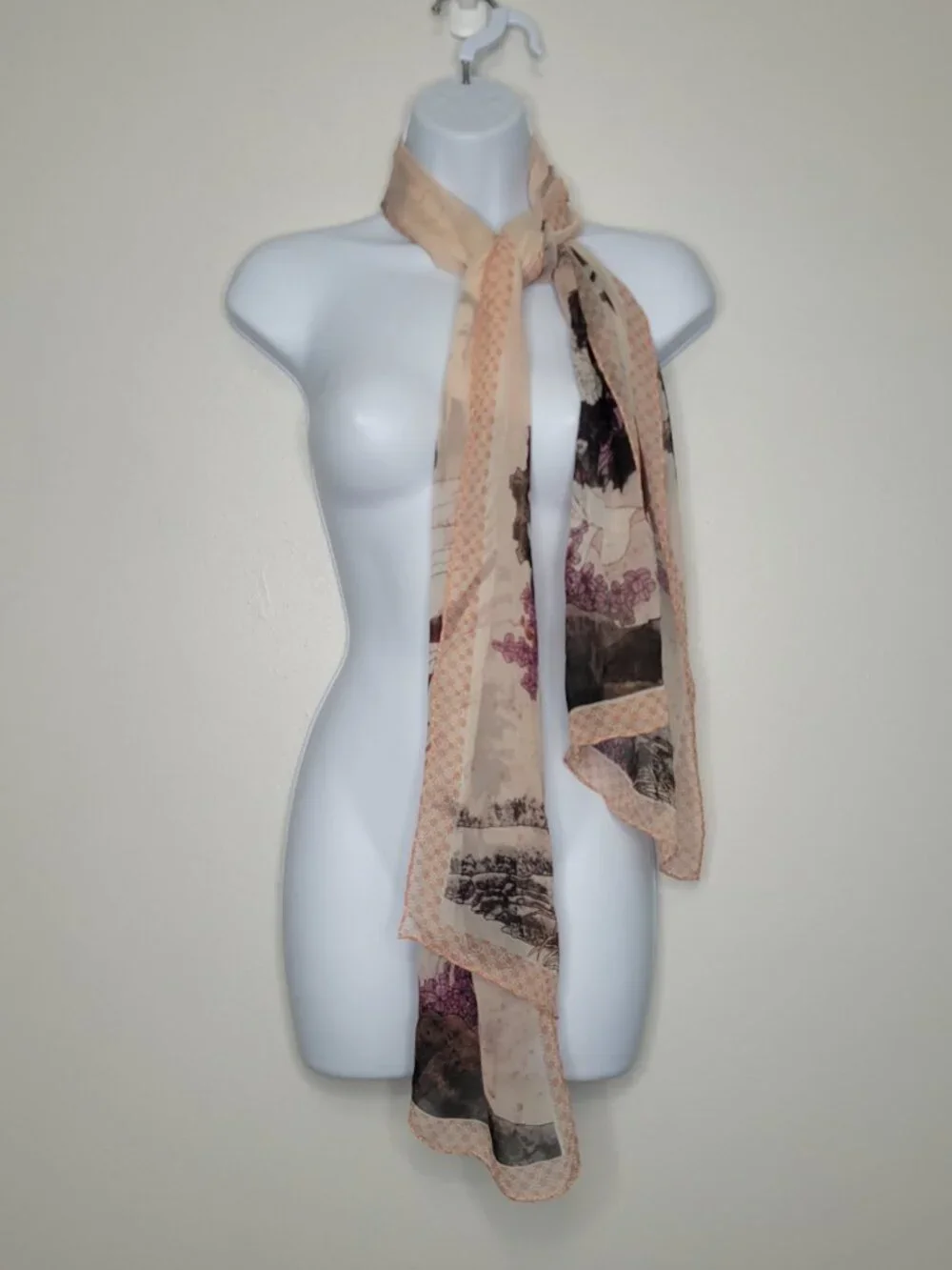 100% silk Asian woman flower print semi sheer scarf art to wear